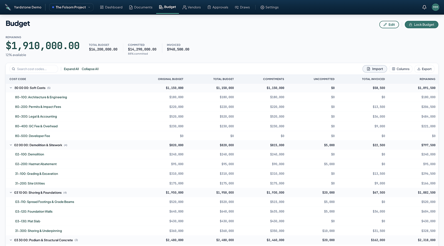 Yardstone budget for The Folsom, committed and invoiced kept current